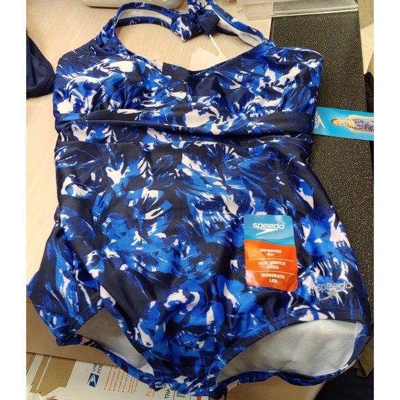 SPEEDO Women One Piece Halter Tie Swimsuit  Hyper--Blue Black - Picture 5 of 7